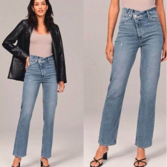 Abercrombie 90s Straight Ultra High Rise Jeans with Criss Cross Waistband - Picture 1 of 6